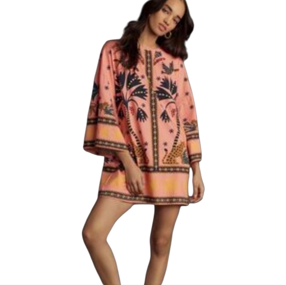 FARM Rio Dresses & Skirts - ANTHROPOLOGIE X FARM RIO LONG SLEEVE PRINTED SHIFT MINI KNIT TEE DRESS PINK L Ne